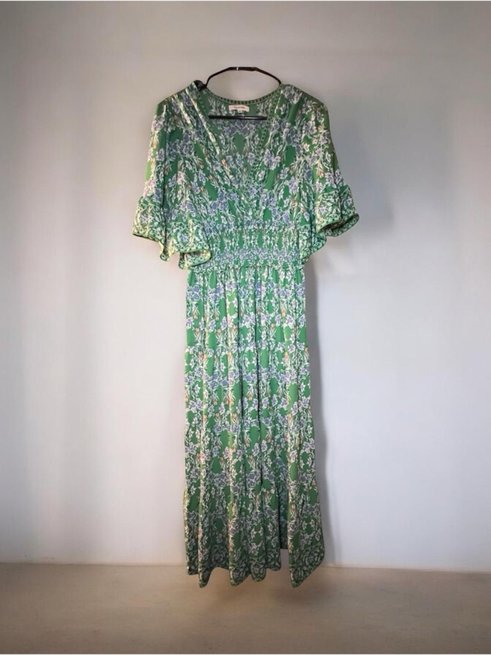 Max Studio Green Floral V-Neck Smocked Maxi Dress